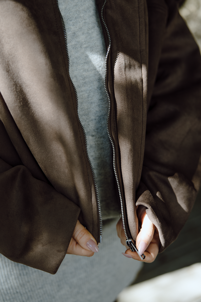 Faux Suede Collared Jacket - Brown