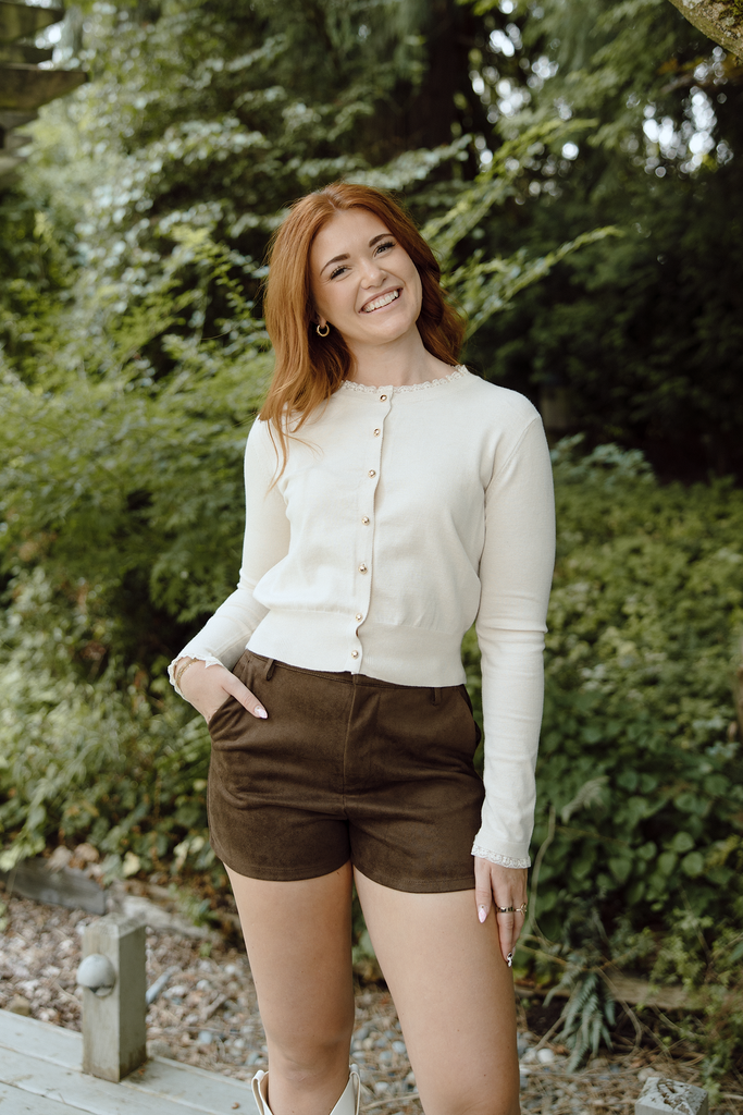 Cardigan With Frill Lace Trim - Ivory