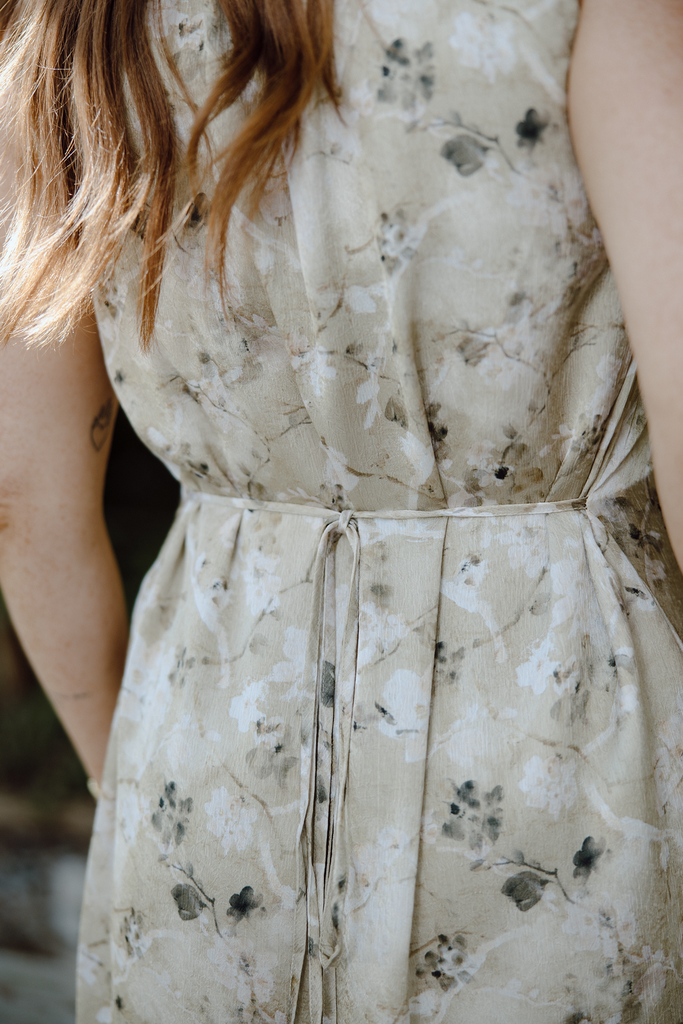 Floral Satin Sleeveless Midi Dress - Olive