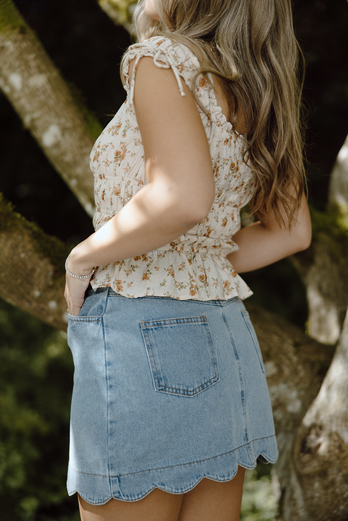 Scalloped Denim Skirt - Blue