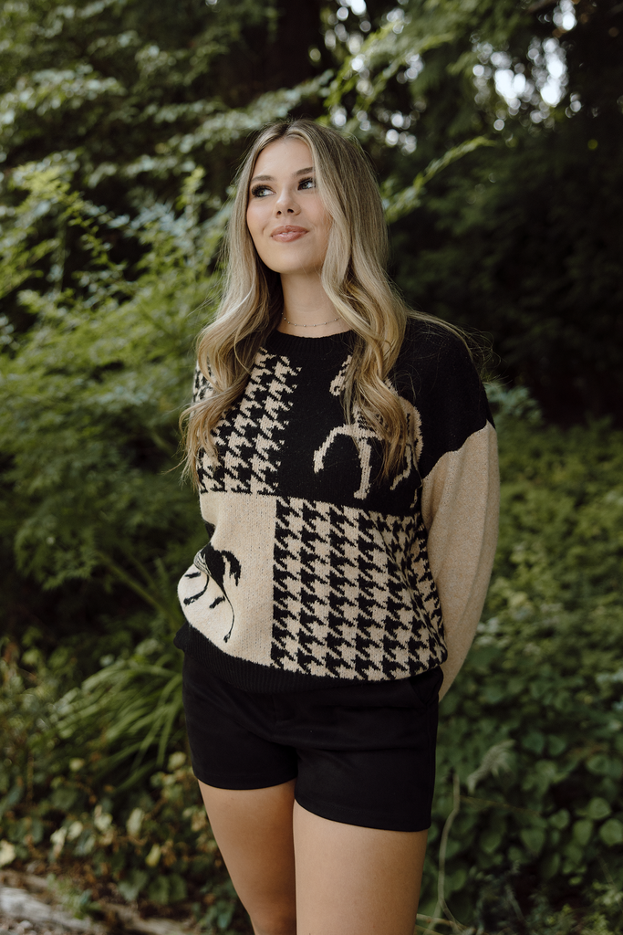 Horse Print Sweater - Black/Taupe