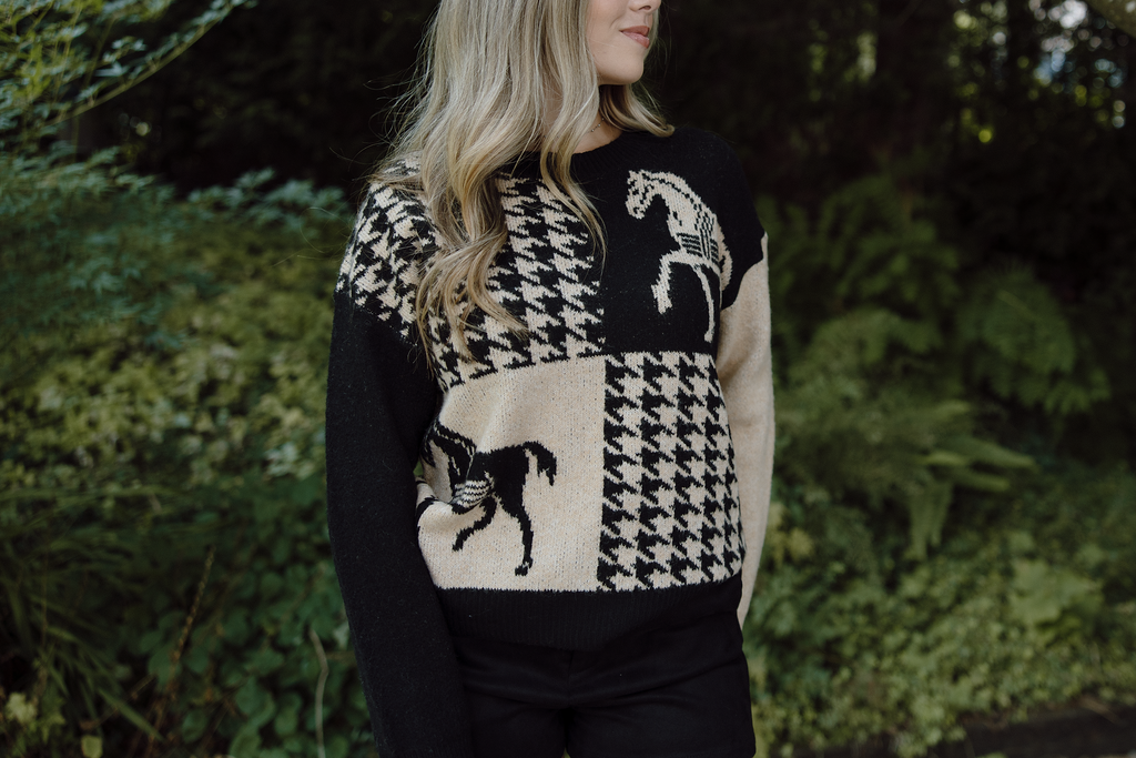 Horse Print Sweater - Black/Taupe