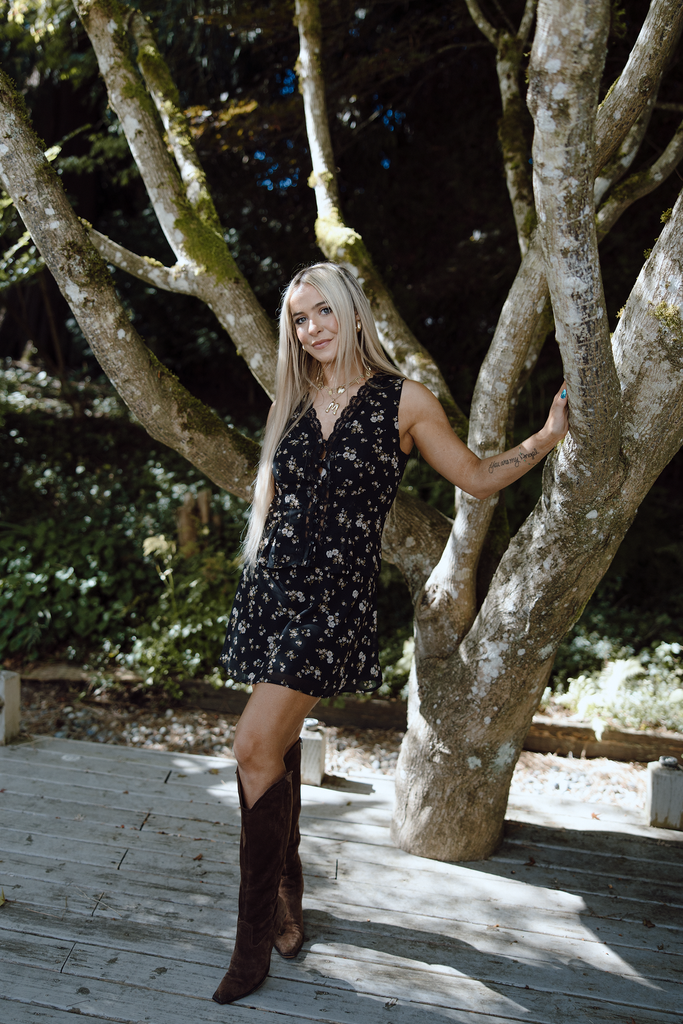 Floral Shirt And Mini Skirt Set - Black