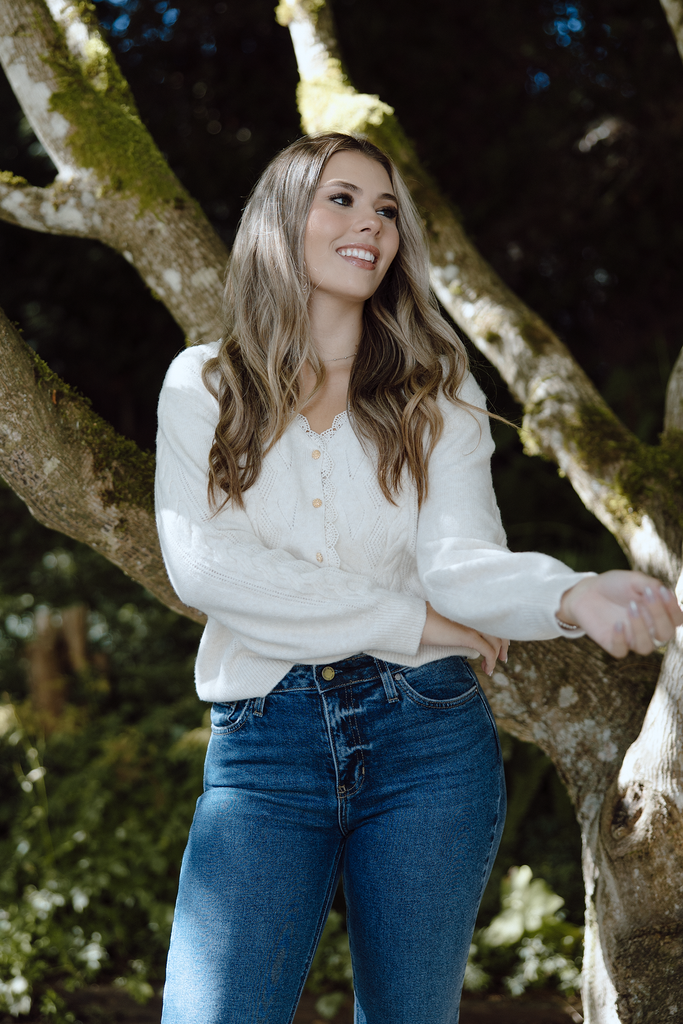 Scalloped and Lace Trim Cardigan - Ivory