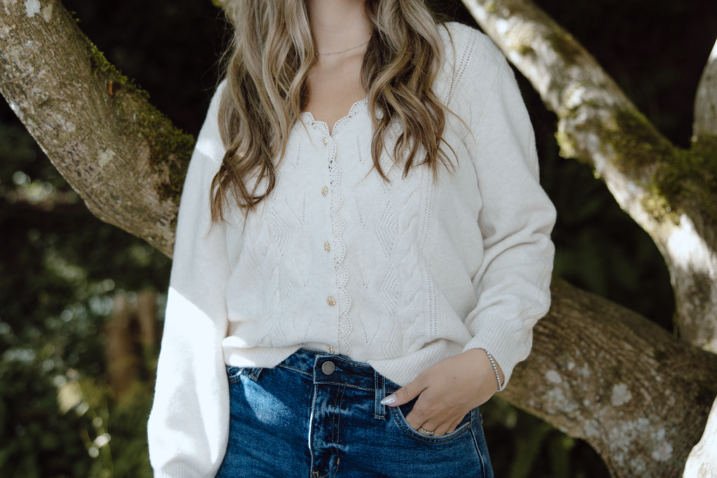 Scalloped and Lace Trim Cardigan - Ivory