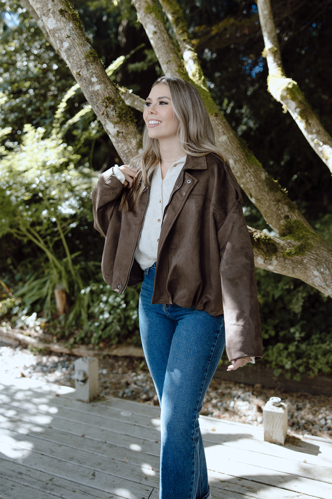 Faux Suede Collared Jacket - Brown