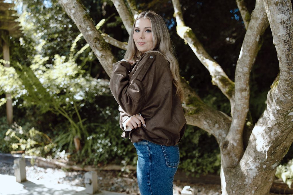 Faux Suede Collared Jacket - Brown