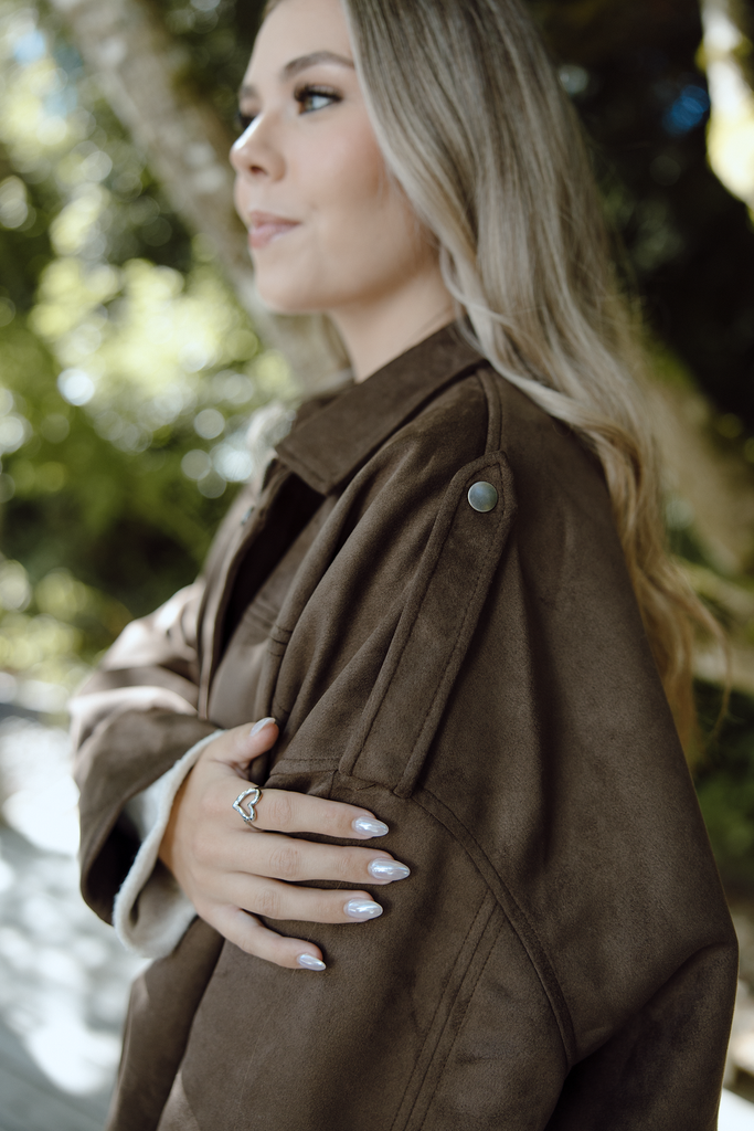 Faux Suede Collared Jacket - Brown