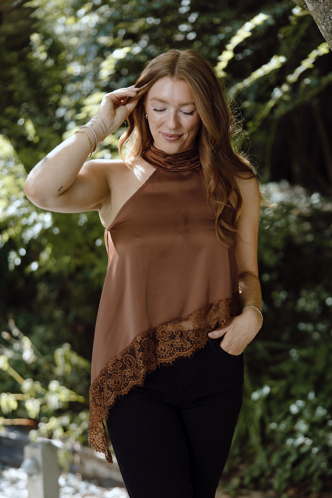 Asymmetrical Lace Halter Top - Brown