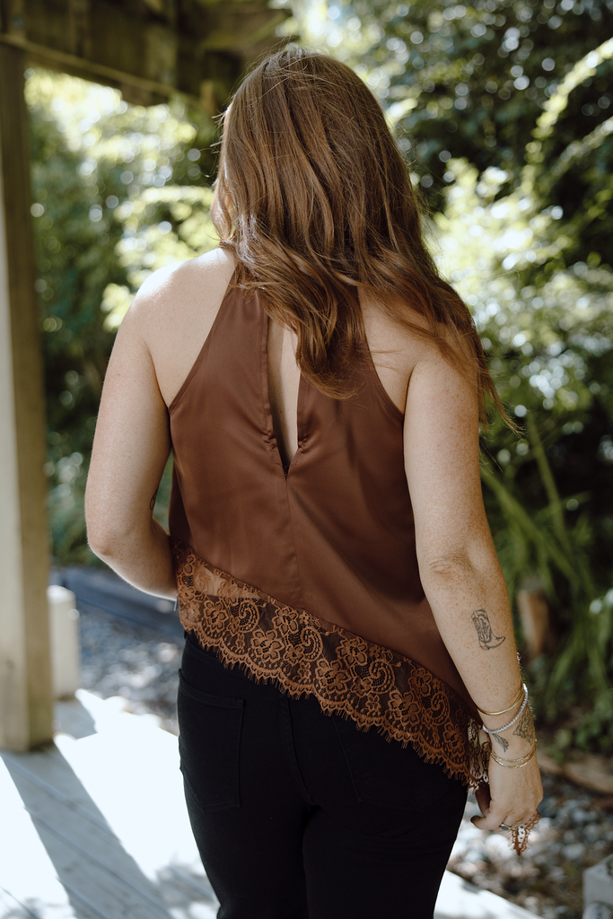 Asymmetrical Lace Halter Top - Brown
