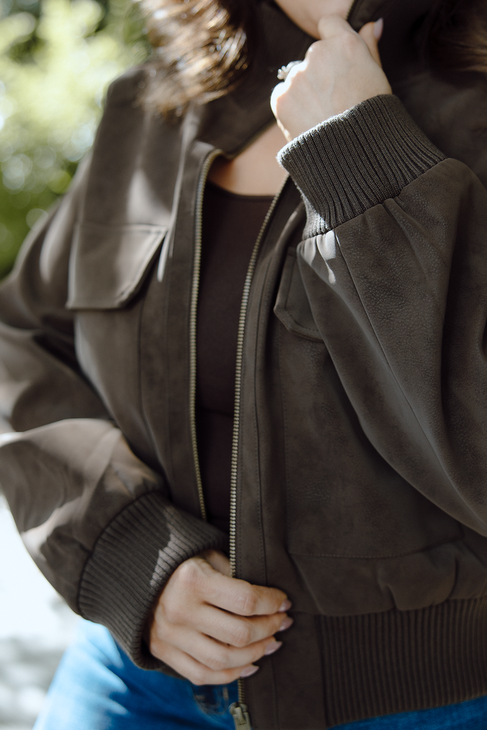 Rib Collar Faux Suede Jacket - Brown