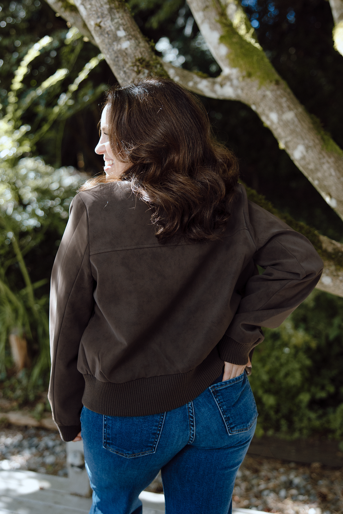 Rib Collar Faux Suede Jacket - Brown