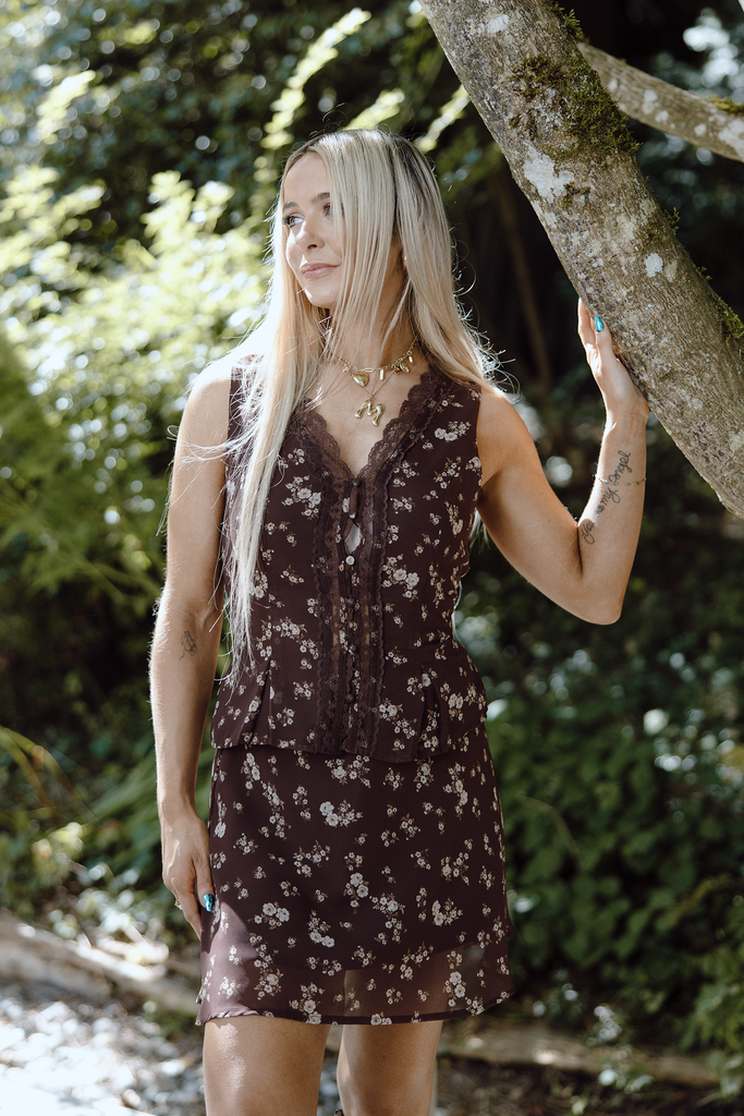 Floral Shirt And Mini Skirt - Brown