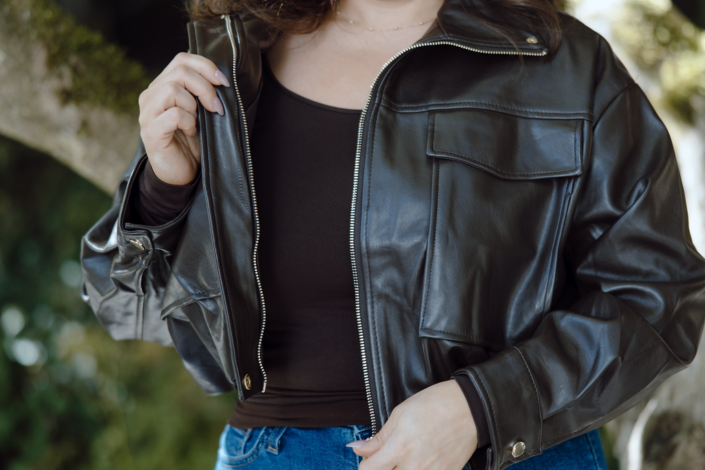 Bomber Faux Leather Jacket - Brown