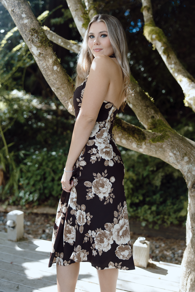 Halter Neck Bias Cut Midi Dress - Brown