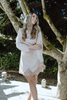 Long Sleeve Satin Dress With Lace Trim - Champagne