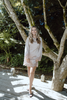 Long Sleeve Satin Dress With Lace Trim - Champagne