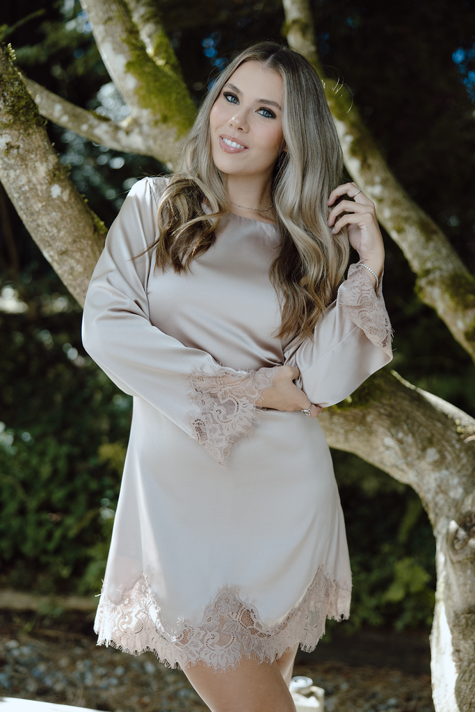 Long Sleeve Satin Dress With Lace Trim - Champagne