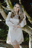 Long Sleeve Satin Dress With Lace Trim - Champagne