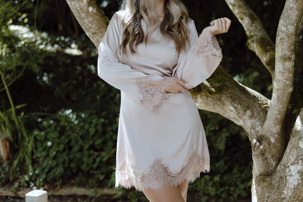 Long Sleeve Satin Dress With Lace Trim - Champagne