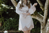 Long Sleeve Satin Dress With Lace Trim - Champagne