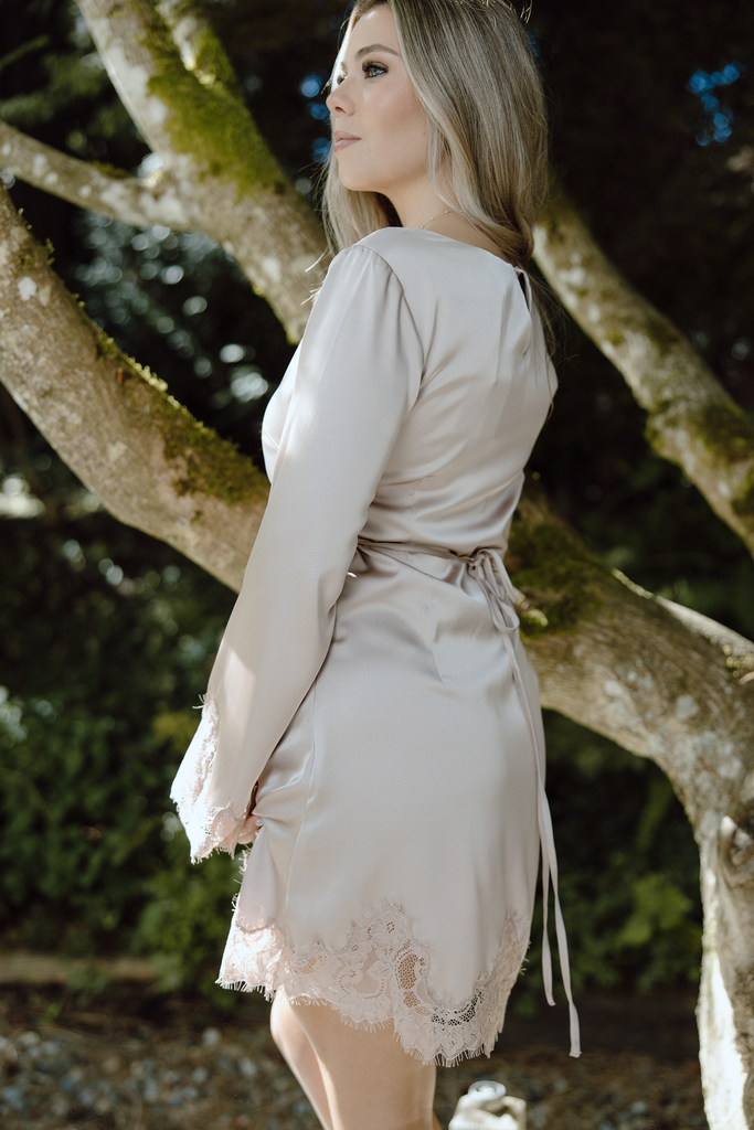 Long Sleeve Satin Dress With Lace Trim - Champagne