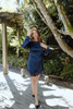 Long Sleeve Satin Dress With Lace Trim - Navy
