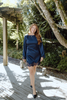 Long Sleeve Satin Dress With Lace Trim - Navy