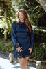 Long Sleeve Satin Dress With Lace Trim - Navy