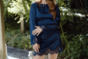 Long Sleeve Satin Dress With Lace Trim - Navy
