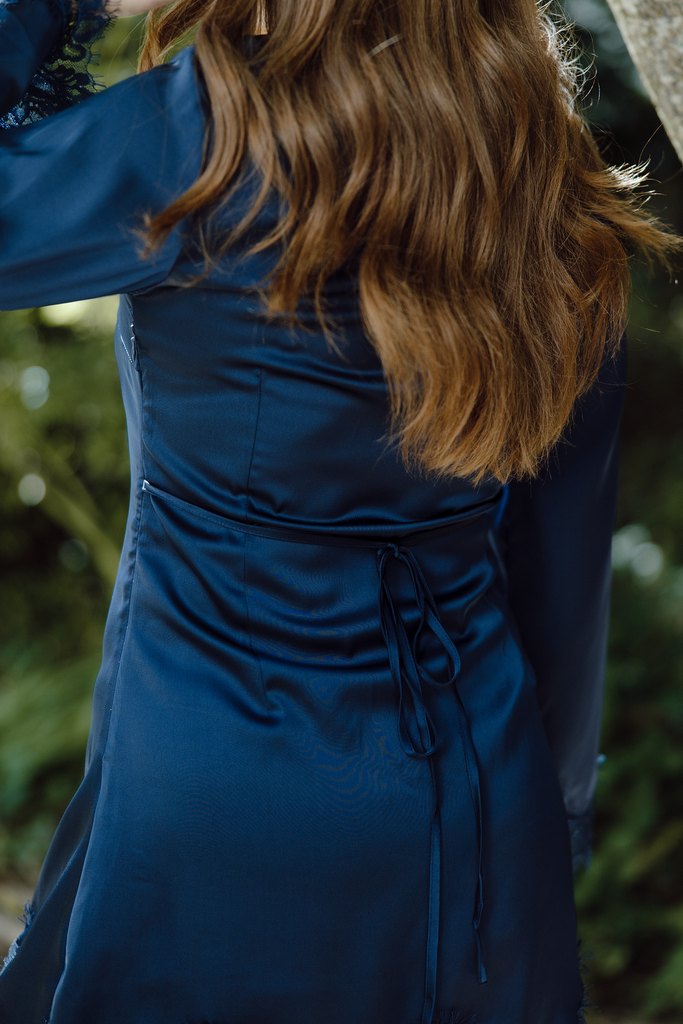Long Sleeve Satin Dress With Lace Trim - Navy