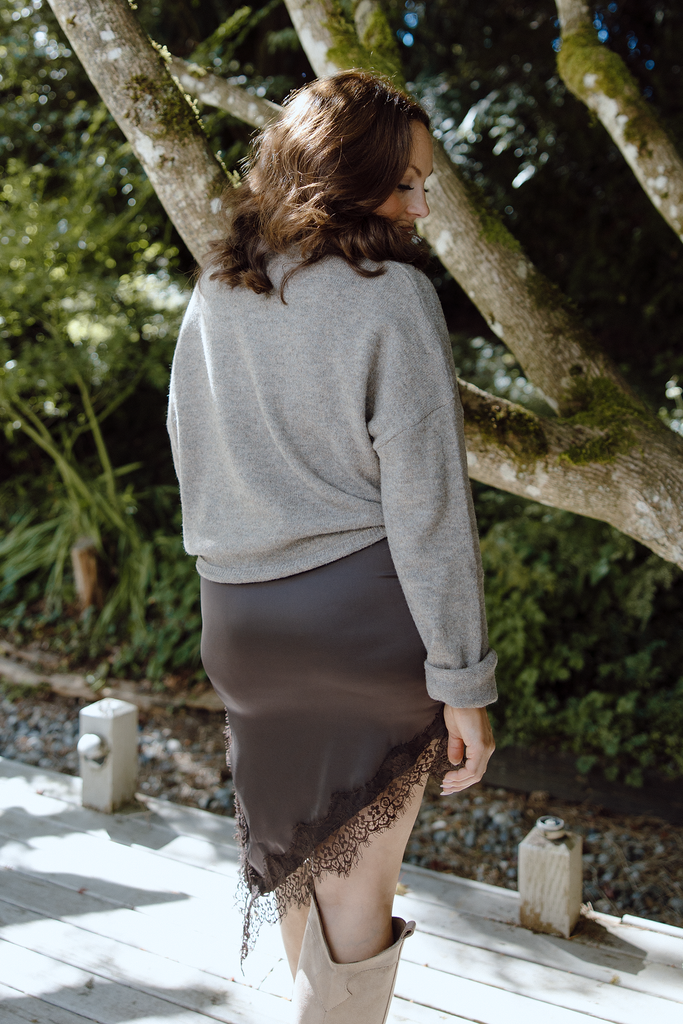 Lace Trim Satin Skirt - Brown