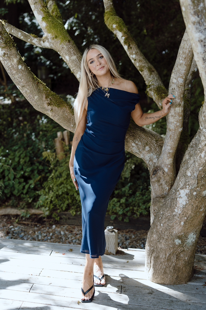 Asymmetrical Shoulder Midi Dress – Navy