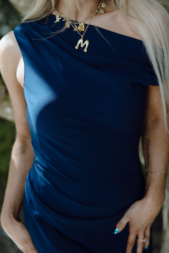 Asymmetrical Shoulder Midi Dress – Navy