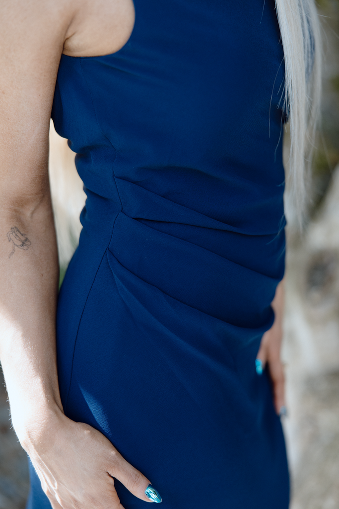 Asymmetrical Shoulder Midi Dress – Navy