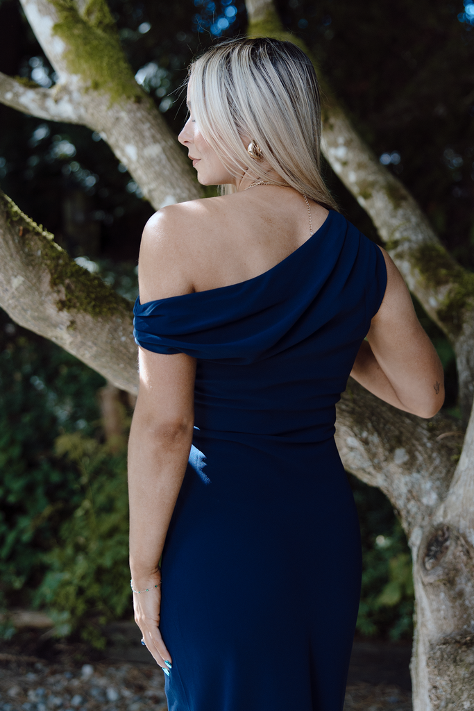 Asymmetrical Shoulder Midi Dress – Navy