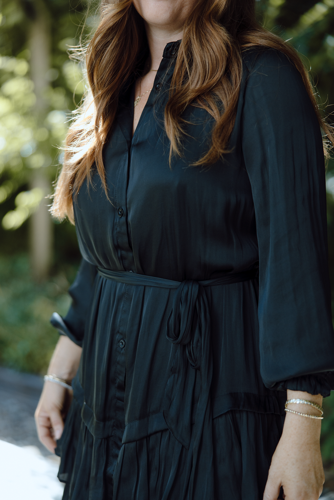 Tiered Black Satin Dress - Black