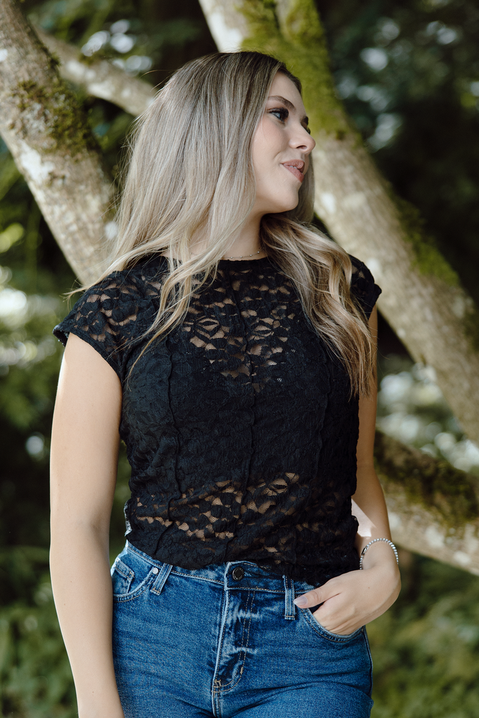 Lace Cap Sleeve Shirt - Black