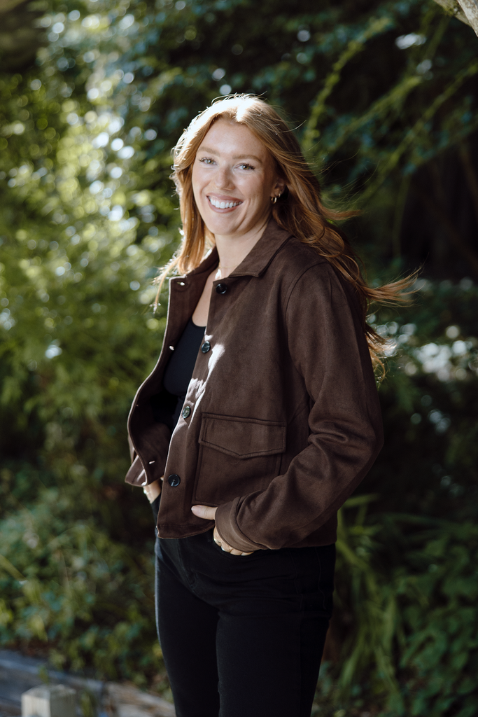 Faux Suede Button Up Jacket - Chestnut