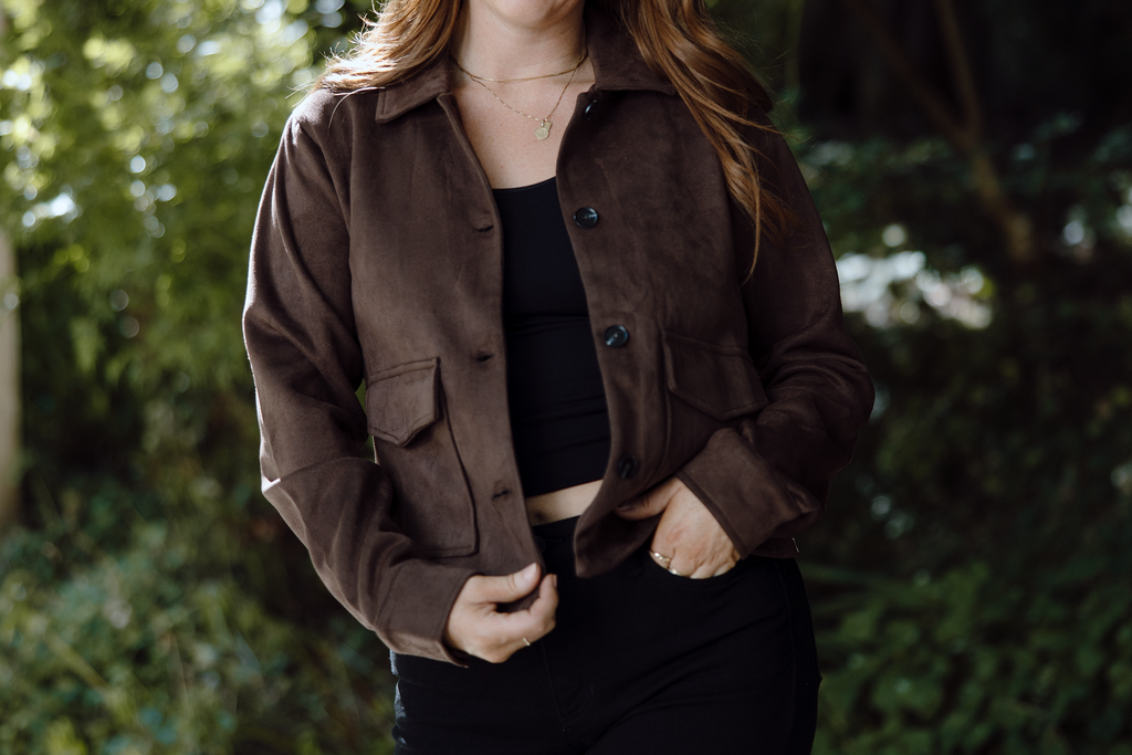 Faux Suede Button Up Jacket - Chestnut
