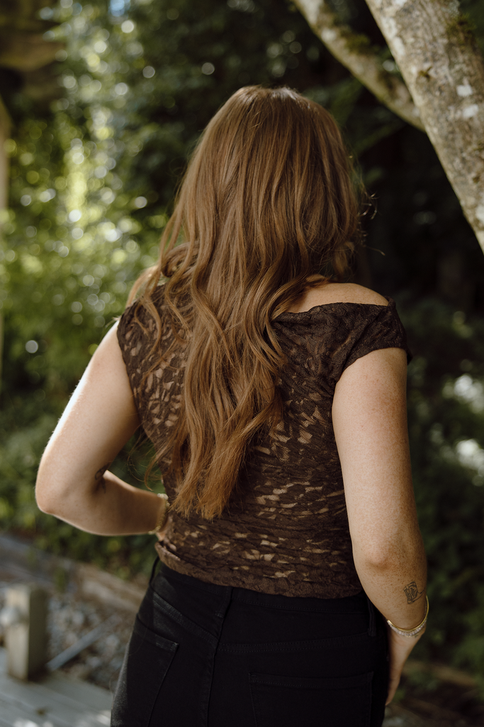 Ruched Shoulder Lace Top - Brown