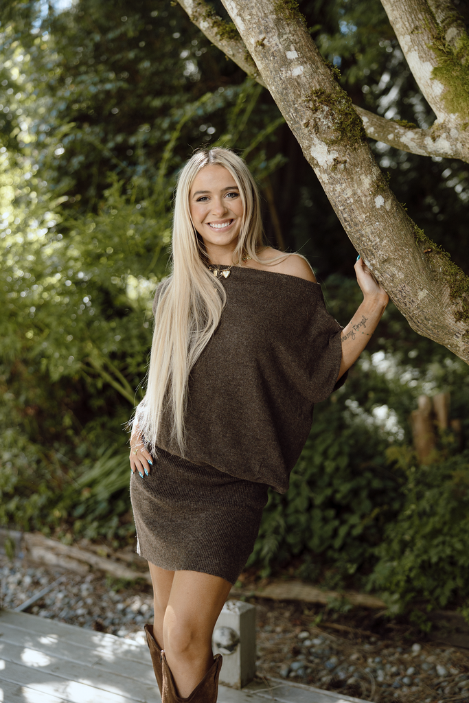 Off Shoulder Drop Waist Sweater Dress - Brown