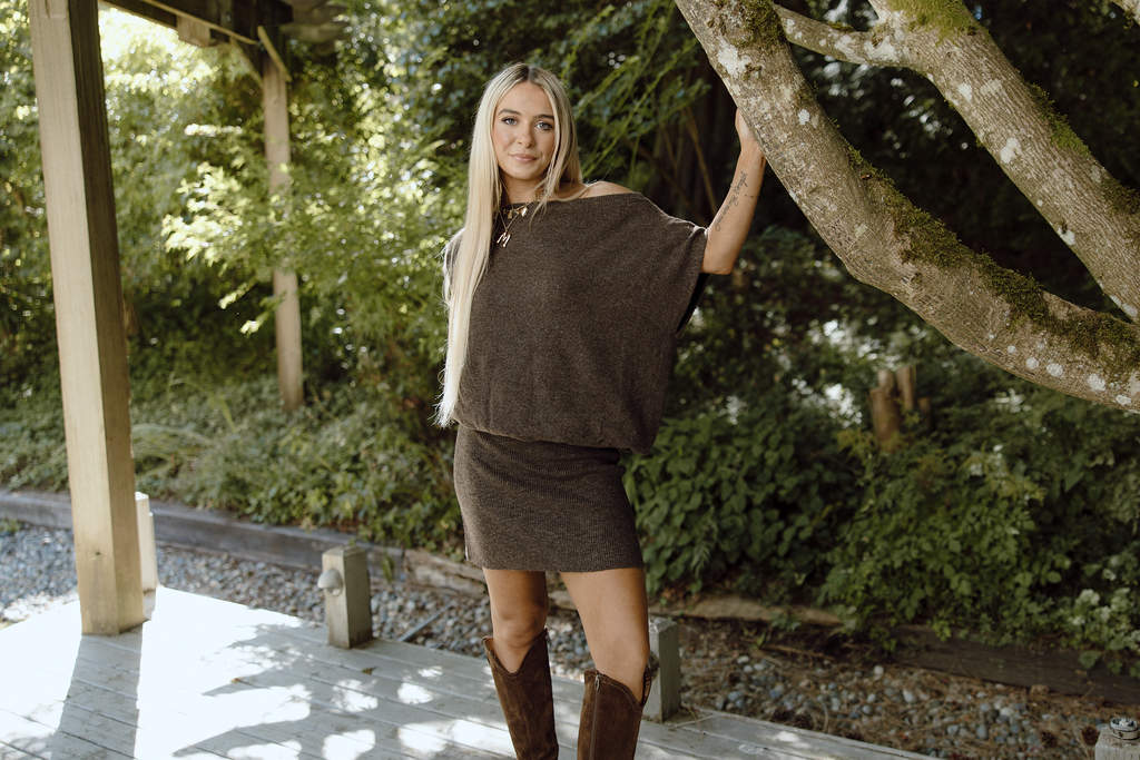 Off Shoulder Drop Waist Sweater Dress - Brown