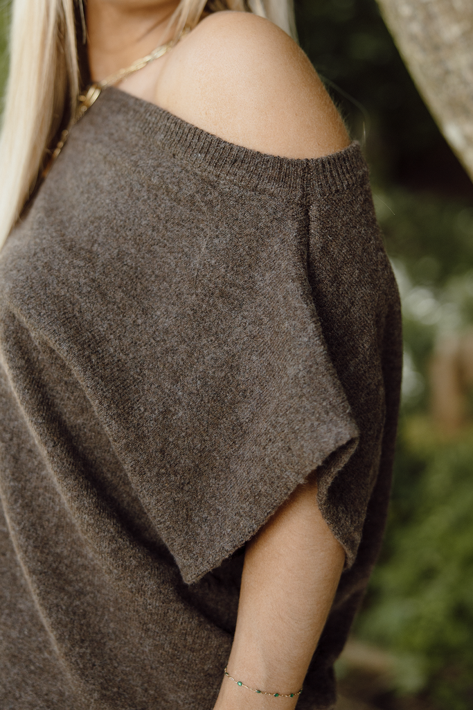 Off Shoulder Drop Waist Sweater Dress - Brown