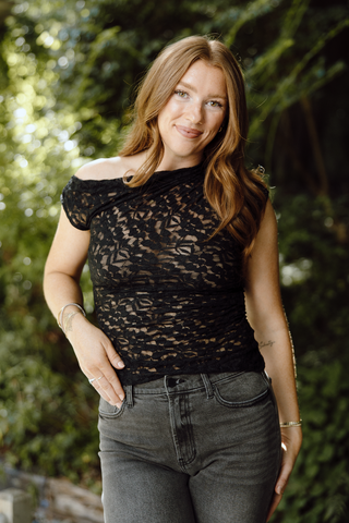 Ruched Shoulder Lace Top - Brown