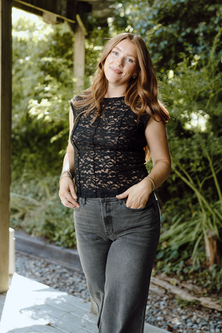 Ruched Shoulder Lace Top - Brown