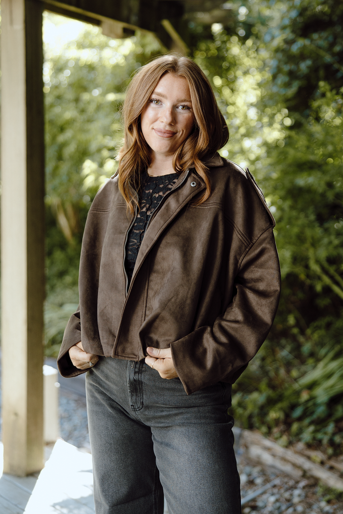 Faux Suede Collared Jacket - Brown