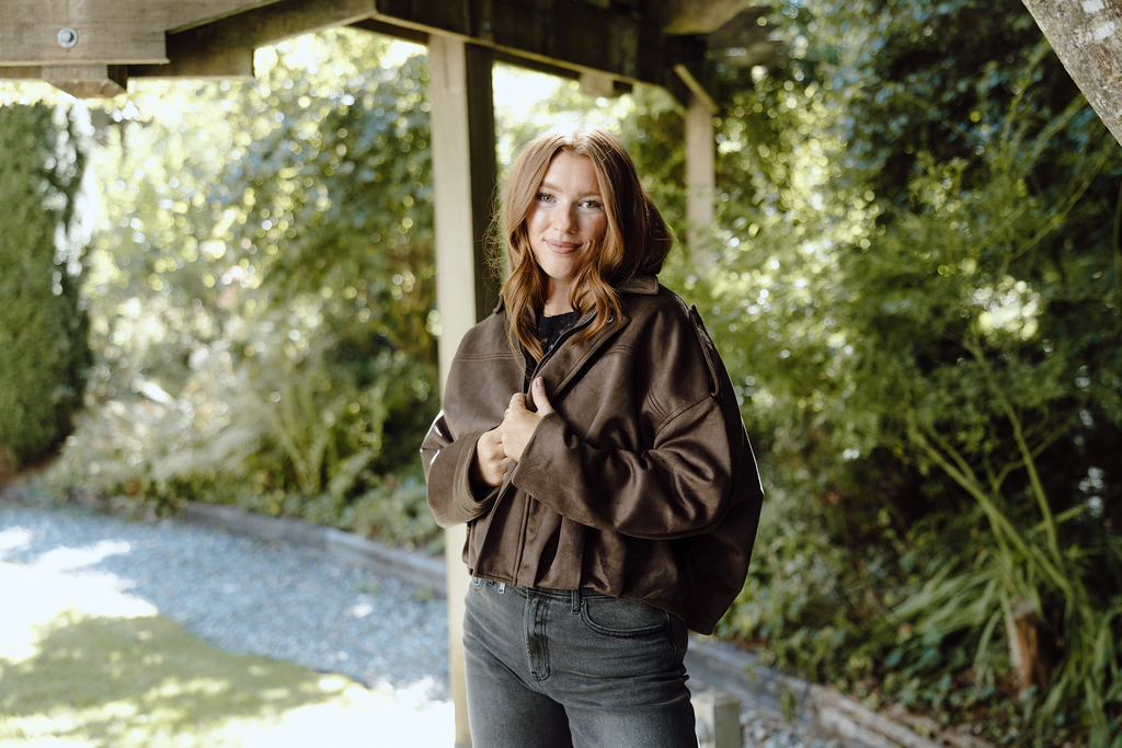Faux Suede Collared Jacket - Brown