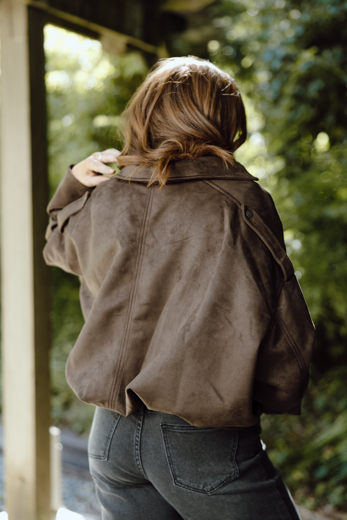 Faux Suede Collared Jacket - Brown