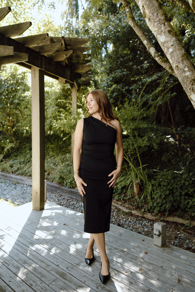 One Shoulder Shirring Dress - Black